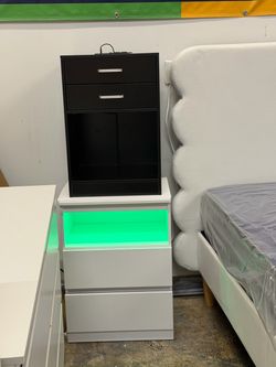 White LED Nightstand with Open Shelf and Drawers