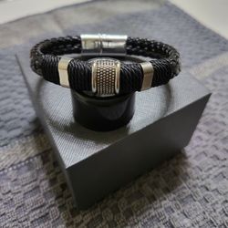 Men's Woven Leather Bracelet with Silver Accents and Magnetic Clasp 