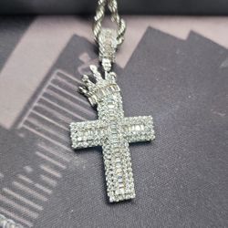 Bling Hip Hop Necklace Cross With Crown White Gold Look