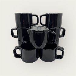 8 Sasaki Stoneware Vignelli Designs Japan 1986 Black Coffee Mugs 3” & 1 Creamer