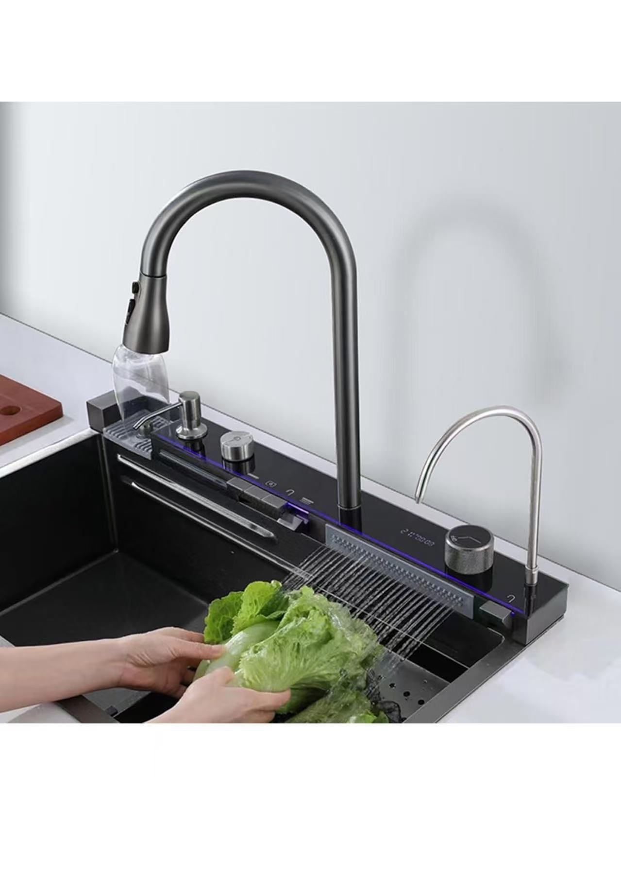 Waterfall Kitchen Faucets, LED Display Kitchen Faucet with Sprayer Gun Gray Faucet for Kitchen Sink 3 Function Kitchen Sink Faucet with Sprayer Kitche
