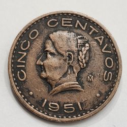 1951 Mexico Cinco Centavos Antique Coin