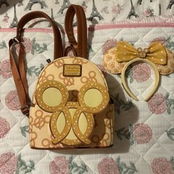 Loungefly Disney Parks Mickey Mouse Pretzel Backpack and ears set