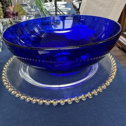 Vintage Cobalt Blue Glass Serving Bowl