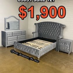 4 PCs Queen Size Bedroom Set Grey Velvet Include Bed Frame Dresser Mirror Nightstand Brand New