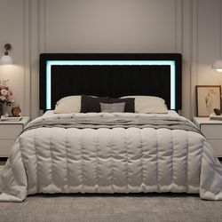 King Size Velvet Bed Frame with LED Light, Adjustable Vertical Channel Tufted Headboard, Strong Wooden Slats Support, Noise-Free, No Box Spring Needed