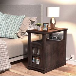 Brand New End Table with Charging Station, Espresso Side Table with USB Ports and Outlets, Narrow End Table with Storage
