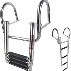 4 Step Pontoon Boat Ladder,Heavy Duty Folding Telescoping Rear Entry Inboard Ladder with Wide Steps Swim Deck with Pedals Hand Railings