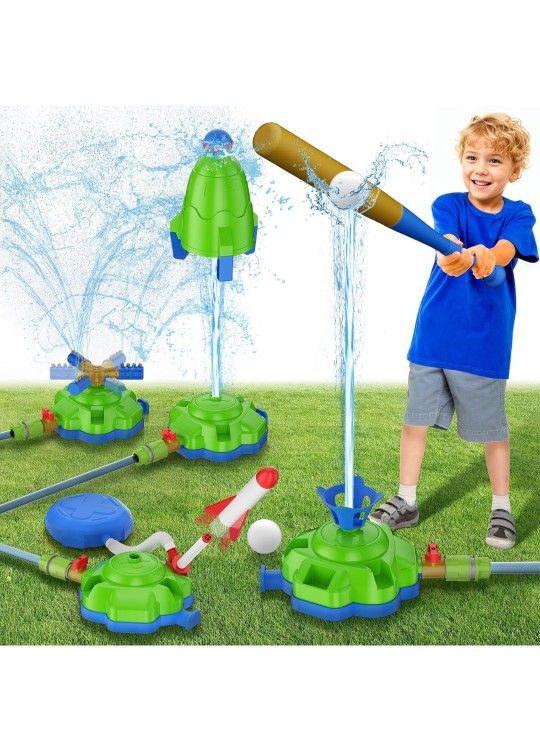 4-in-1 Water Sprinkler for Kids, Water Outdoor Baseball Rocket Launcher Toy with Water Sprinkler Baseball Toy,