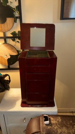 Antique cherry wood standup jewelry box with two double door French with storage top opener and four slide regular drawers with all crushed velvet int