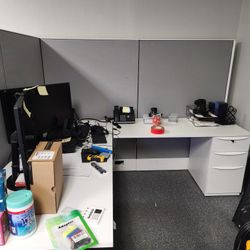 4 White Standing Desks With Return & File Cabinet