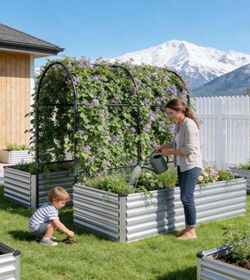 Raised Garden Bed with Arch Trellis for Climbing Plants,Galvanized Raised Garden Bed,Planter Boxes Outdoor for Vegetables Flowers Herb,478 Gallon Capa