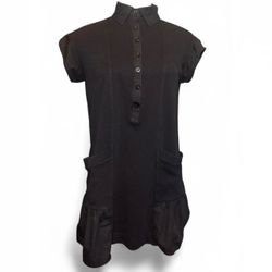 dolly black lolita style dress two front pockets womens size small fit and flare collared button up ruffled sleeve short puff sleeve stretchy sheer