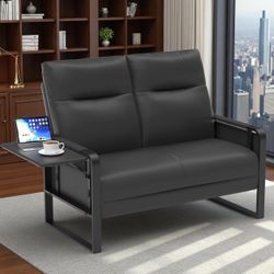 Modern Leather Loveseat, Small Sofa with Side Tray & Pocket, Upholstered Mini Couch for Living Room, Office, Guest Room, Black