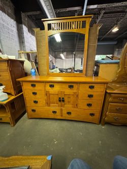 Mission Style Oak Dresser with Mirror and night stand