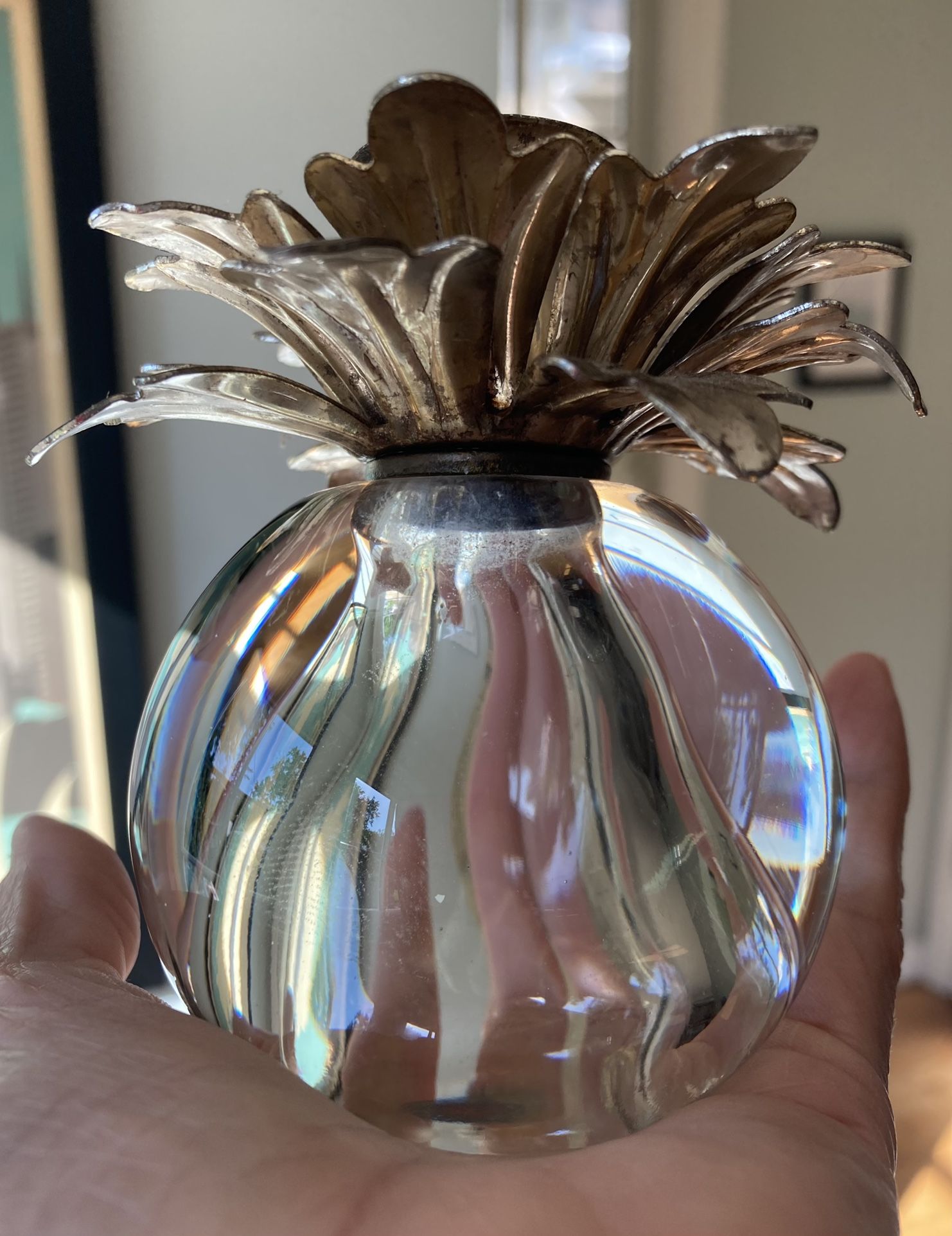 HOLLYWOOD REGENCY CANDLE HOLDER PINEAPPLE GLASS BALL METAL LEAF 1960s MCM