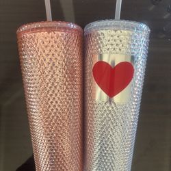Valentine’s Day Tumbler Set (2): Studded Pink And Silver Heart, W/Lid And Straw