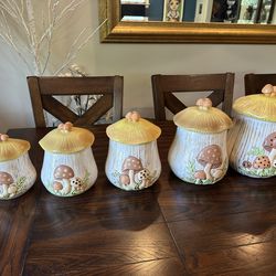 Vintage 1970s Arnel’s Mushroom 5 Canister Set + Lids - Brown Yellow Pre- Owned