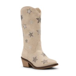 Madden Girls MMELA Glittery Sand Color Western Cowboy Boots with Shiny Rhinestone Stars, Calf Length, Limited Quantity, Size 1 *New In Box* MSRP $60