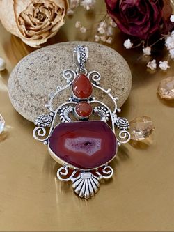 Red Agate Druzy And Carnelian 925 Sterling Silver Overlay Pendant