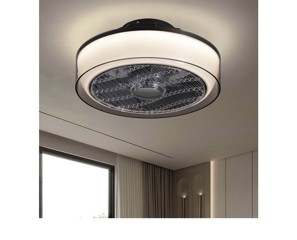 Nuoqiso Low Profile Bladeless Ceiling Fan with Light, Amber Shade Flush Mount Ceiling Fan for Bedroom, Living Room, Office, Kitchen, APP & Remote, 6-S
