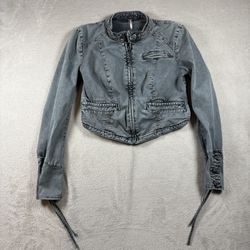 Free People Gray Cropped Fitted Denim Jacket Women Size 4 Stitching Lacing #1213