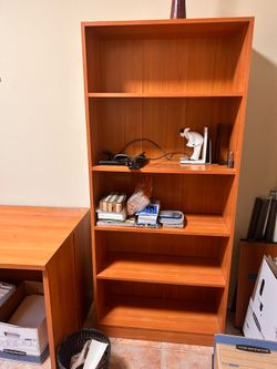 Complete office furniture, set desk, hutch, filing cabinet, and bookshelf