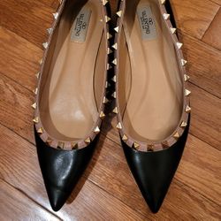 Valentino Black Leather Rockstud Ballet Flats Size 40