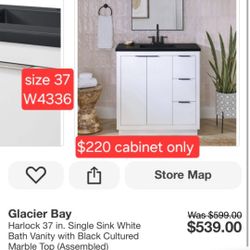 ✨️ Glacier Bay ‼️cabinet only‼️ Harlock 37 in. Single Sink White Bath Vanity with Black Cultured Marble Top (Assembled)W4336
