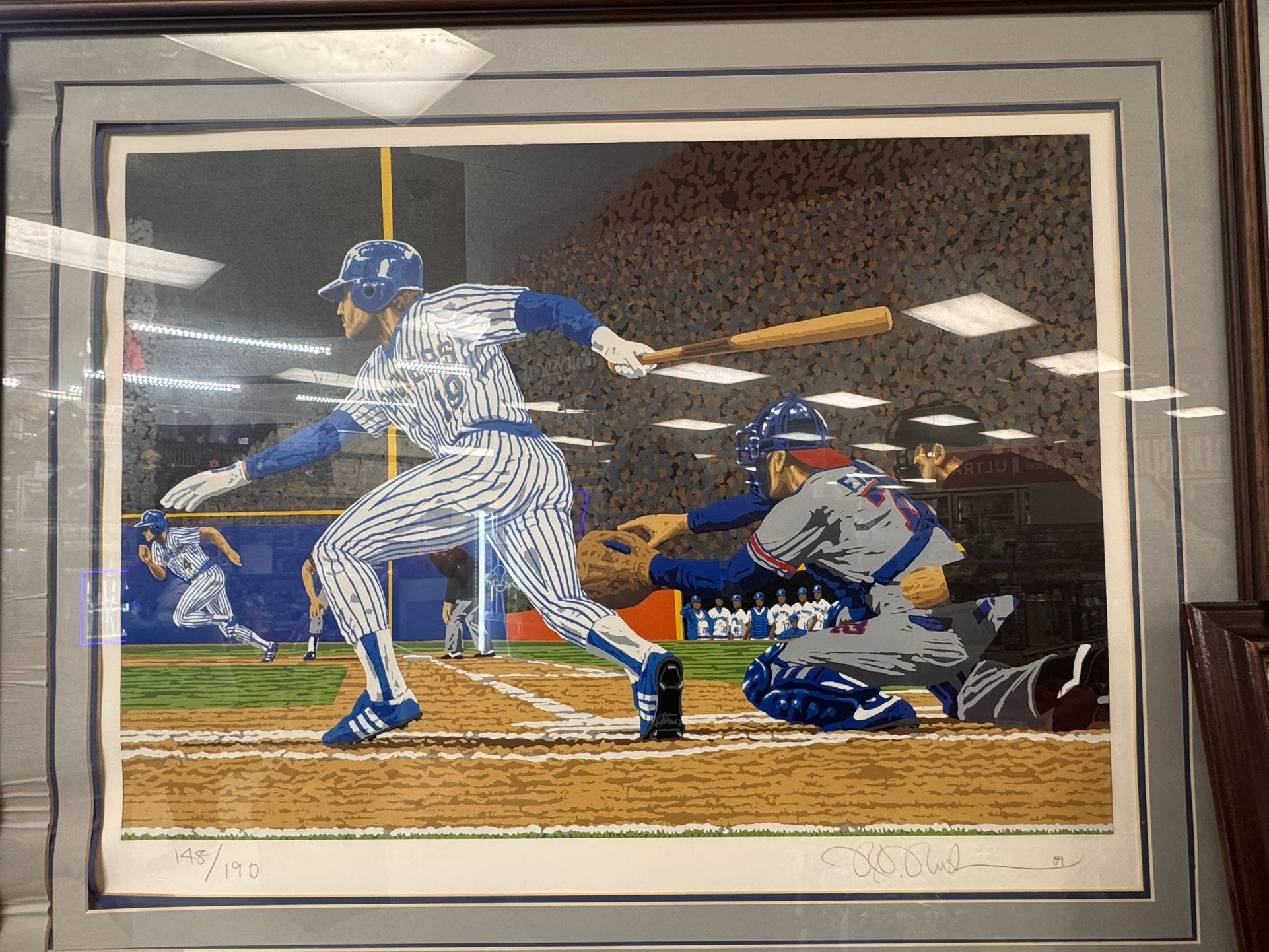 "Hit and Run" by American sports artist Rick Rush. It depicts a baseball play involving players