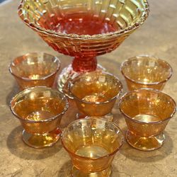 ✨ Vintage Amber Glass Dessert Set – Pedestal Bowl + 6 Coordinating Cups ✨