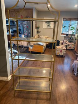 Modern Gold & Glass 5-Tier Display Shelf / Bookcase – $50