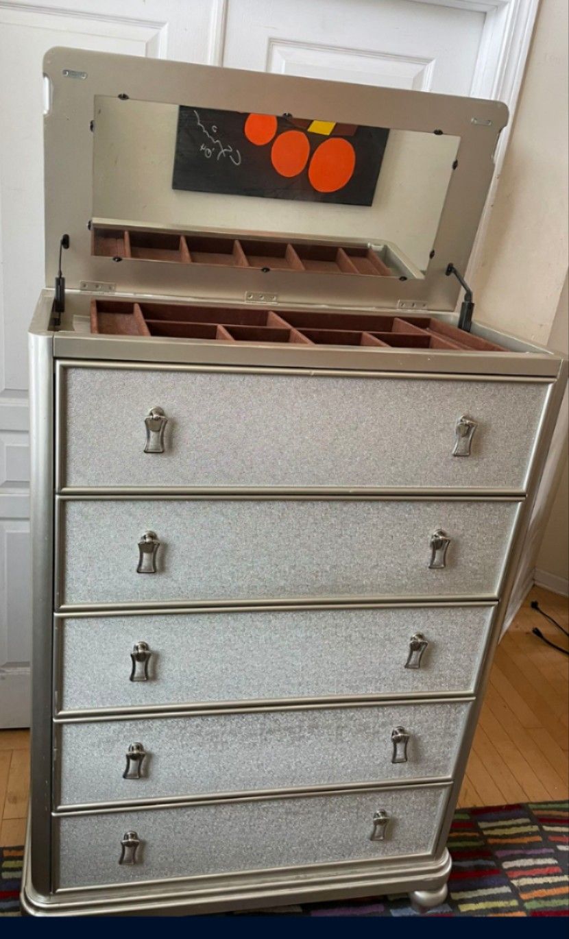Platinum Diva II Lift-Top 5 Drawer Chest-Bob’s Tall Boy Dresser ( furniture meets Fashion )