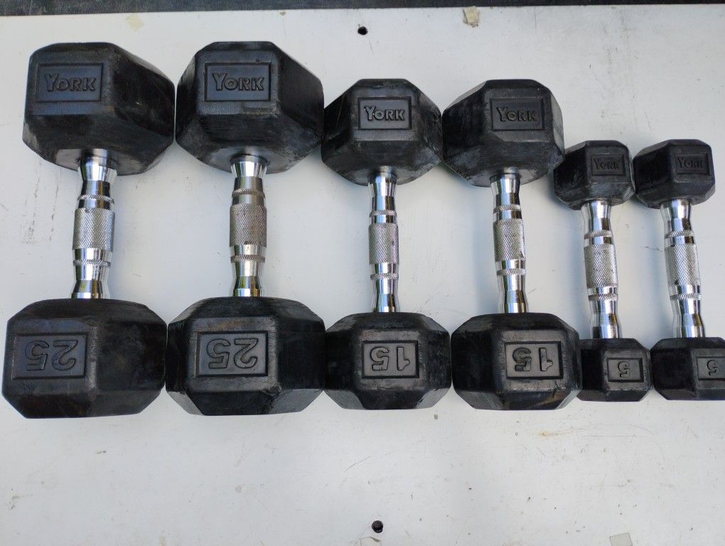YORK RUBBER USED HEX DUMBBELLS (PAIRS OF) : 25s 15s 5s