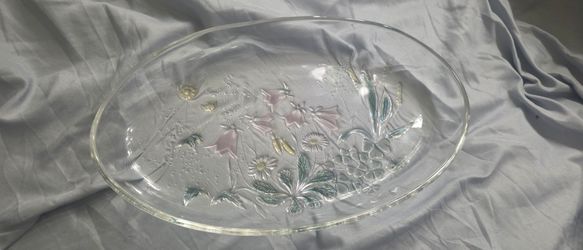 Large Oval Glass Serving Platter with Floral Design