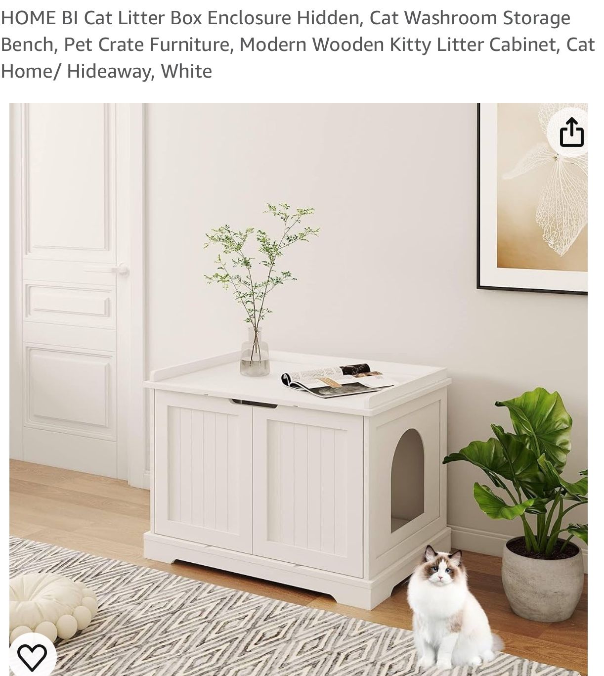 HOME BI Cat Litter Box Enclosure Hidden, Cat Washroom Storage Bench, Pet Crate Furniture, Modern Wooden Kitty Litter Cabinet, Cat Home/ Hideaway, Whit