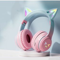 Cat Ear Kids Headphones Bluetooth, LED Light up Wireless/Wired Mode Over Ear Headphones with Build in Microphone for Scho