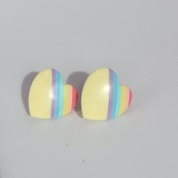 Vintage Pair of 1980s Plastic Pastel Rainbow Heart Earrings Pierced .75"