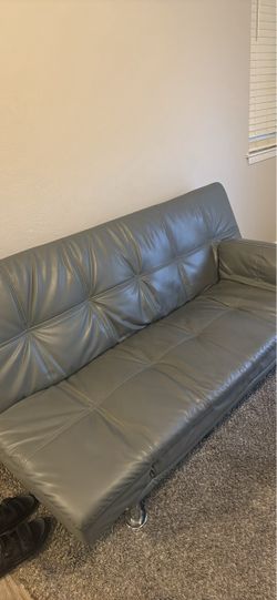 Gray Faux Leather Futon Sofa and TV Stand