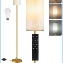 Dimmable Floor Lamp for Living Room with Remote and Foot Switch, Standing Tall Lamp, Bulb Included, 3000K-6500K, Beige and Gold, FCC Listed DE06LD05W1