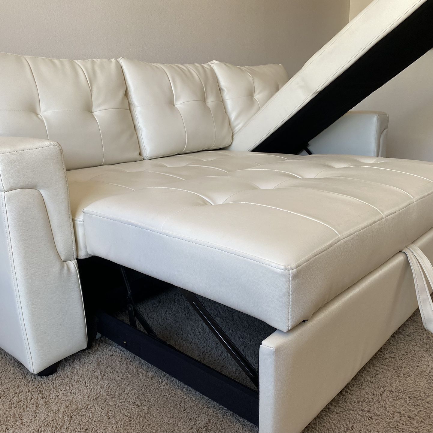 Newish Furniture - White Air Leather Couch- Bed w/Mattress 