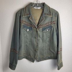 Gordan James Antiqued Embroidered Denim Jacket Women's Size Medium EUC