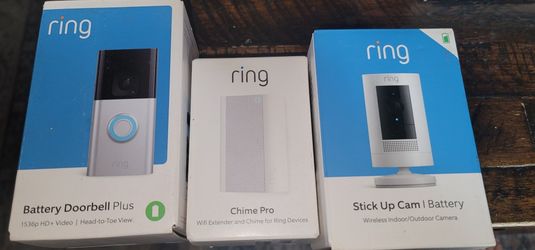 NEW SEALED Ring Doorbell Plus + Chime Pro + Stick Up Cam — $150