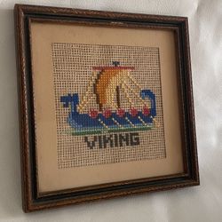 Antique 1930's Boat Ships Nautical Needlepoint Embroidery Art Viking VTG