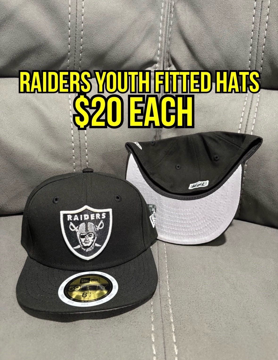 NFL New Era Las Vegas Raiders Black YOUTH 59fifty Fitted Hats Size 6 3/8 And 6 3/4