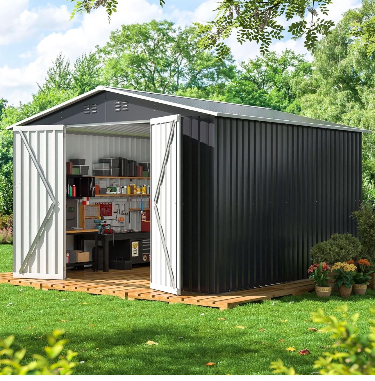 10x10 FT Outdoor Storage Shed, Metal Garden Tool Shed with Updated Frame Structure and Lockable Doors, Ideal for Backyard Garden Patio Lawn, Grey