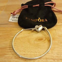 Pandora Authentic Brand New Sterling Silver 7.5 Heart T Bar Bracelet With Pouch  Firm