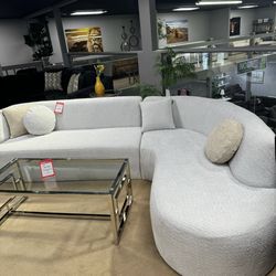 Nevada Ivory Boucle 2pc RAF Chaise Sectional Sofa  Teddy Sherpa Uph.