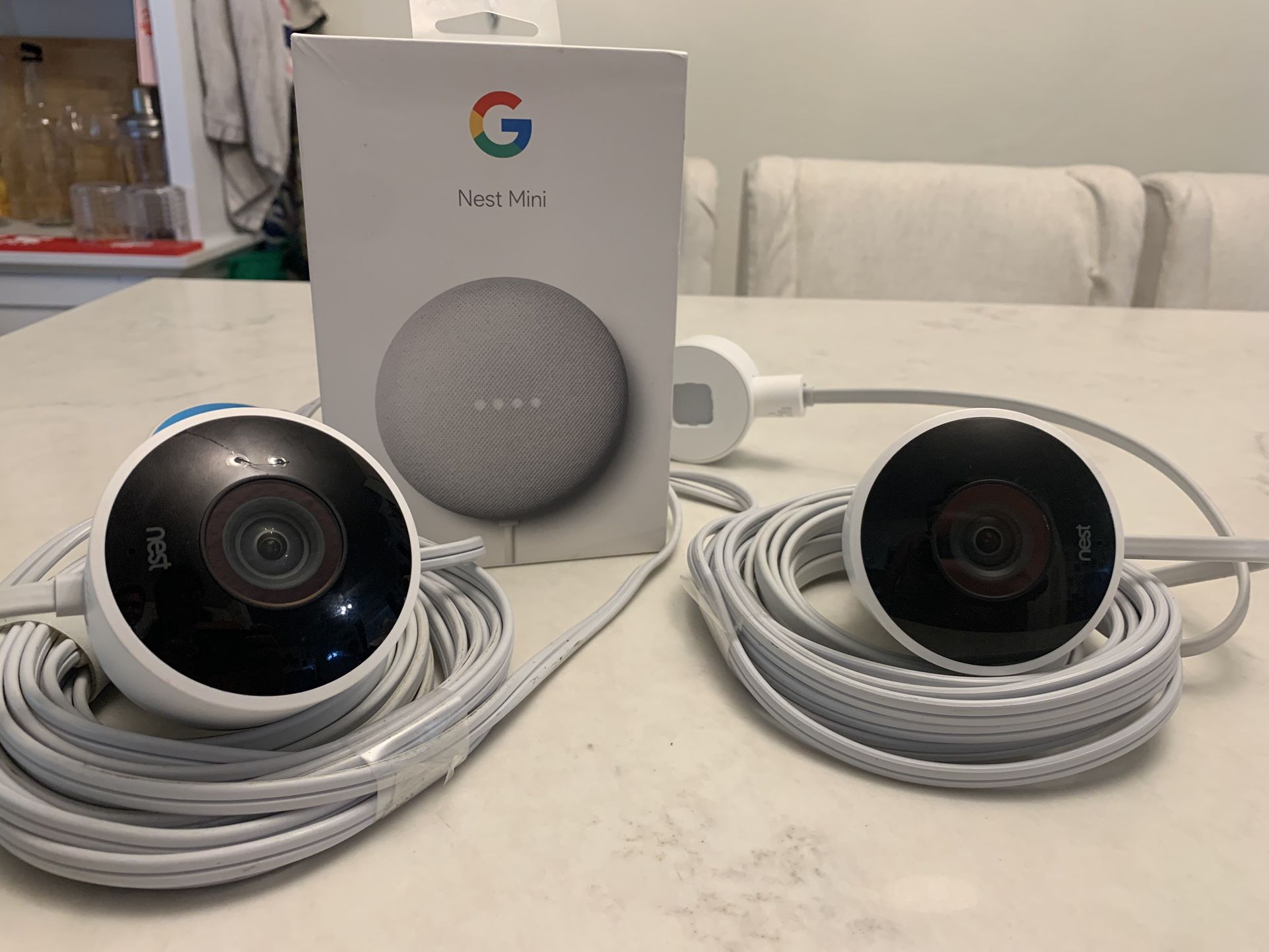 Google Security Cameras outdoor/ indoor wired 1080p (2- pack) W/ Google Nest mini 2nd Gen
