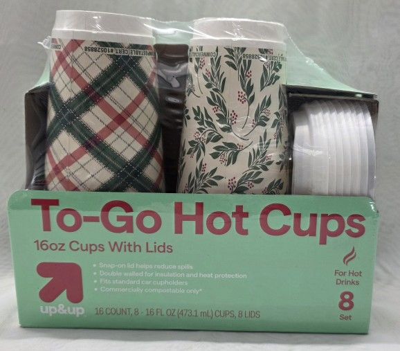 8 Piece Set Up + Up To Go Hot Cups 16 oz Cups With Lids For Hot Drinks New